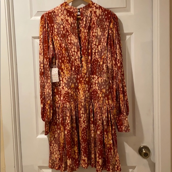 Free People Heartsbeat Mini Dress in Red ditsy floral rust combo size L NWT New - Picture 7 of 16